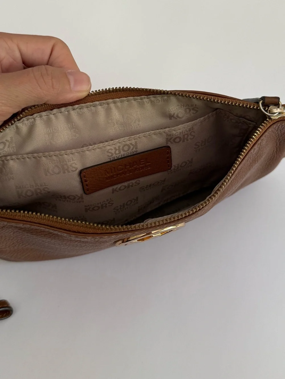 Michael Kors Chestnut Brown Leather Wristlet with Gold MK Logo